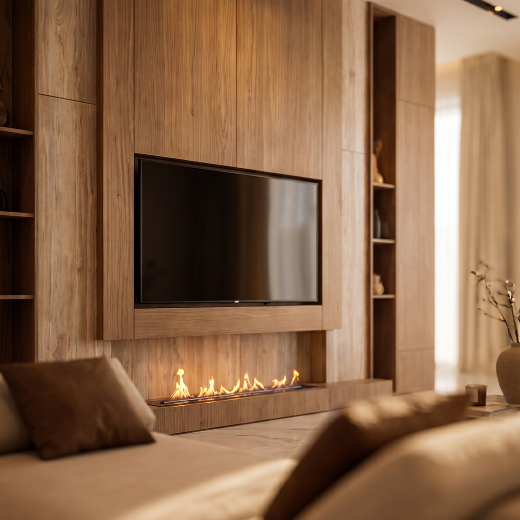 Custom walnut joinery and travertine detail