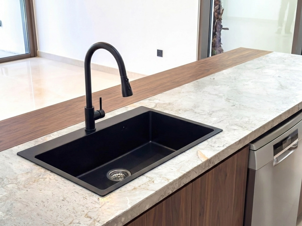 Walnut island with stone counter, black granite sink and matte black faucet