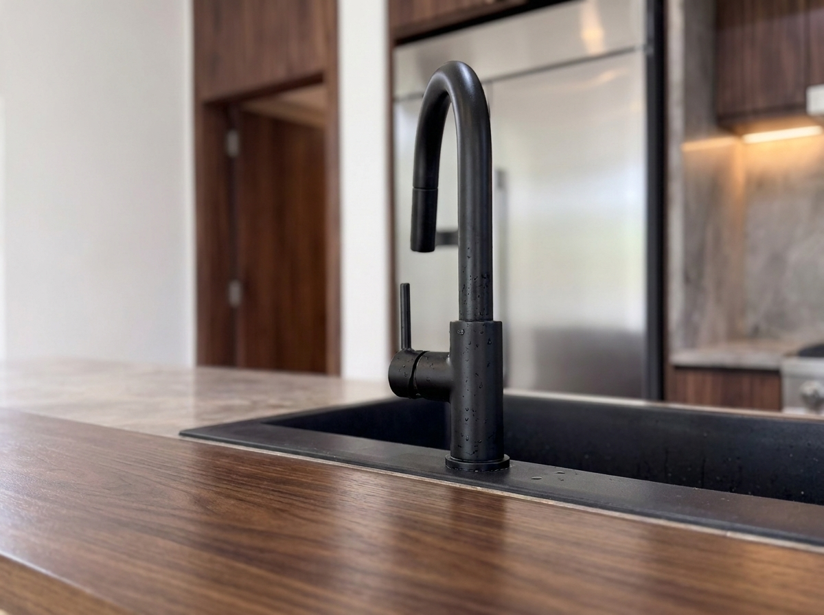 Close-up of matte black faucet over walnut-clad island countertop
