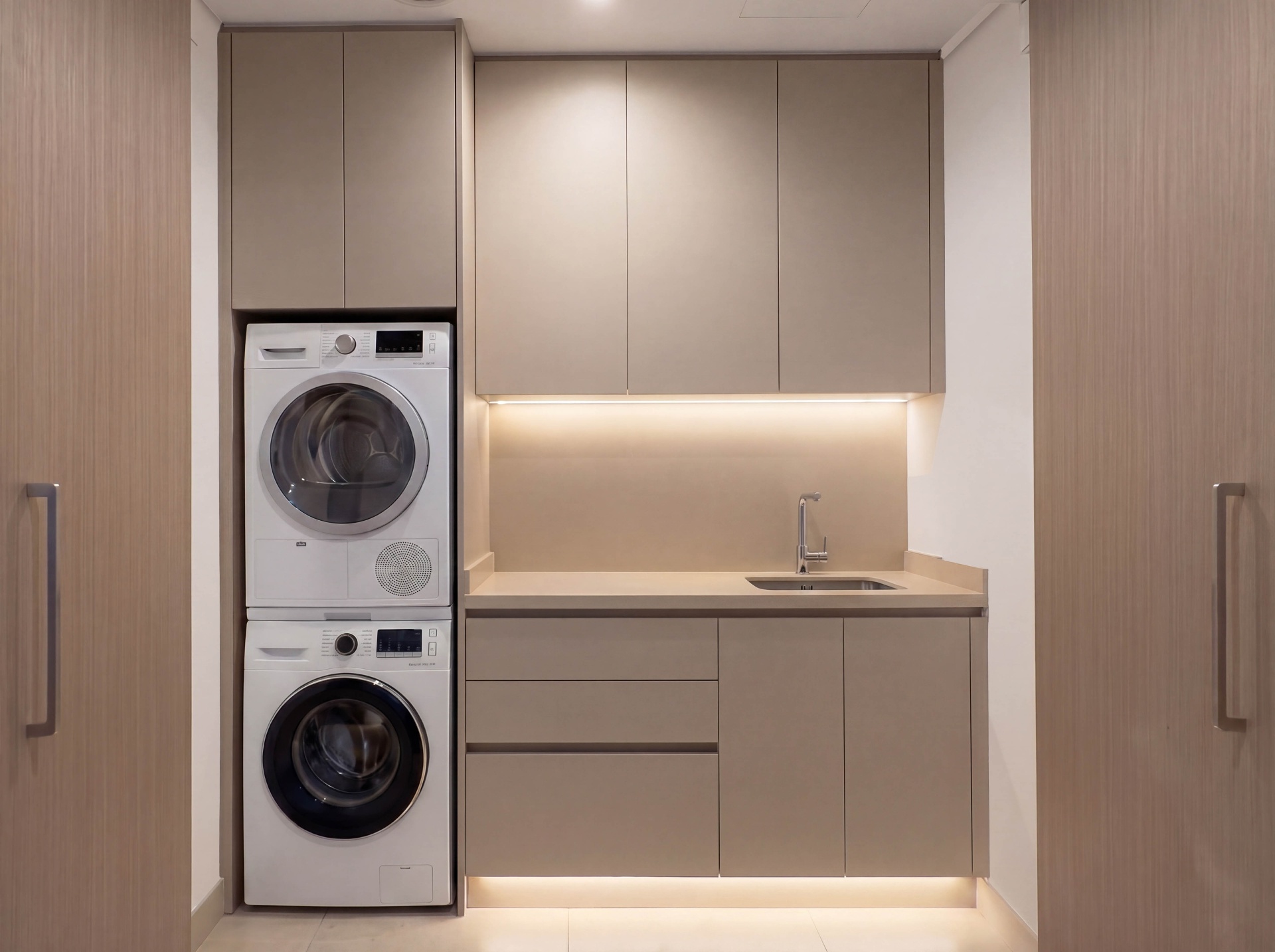 Bespoke storage room with stacked washer and dryer and full-height joinery