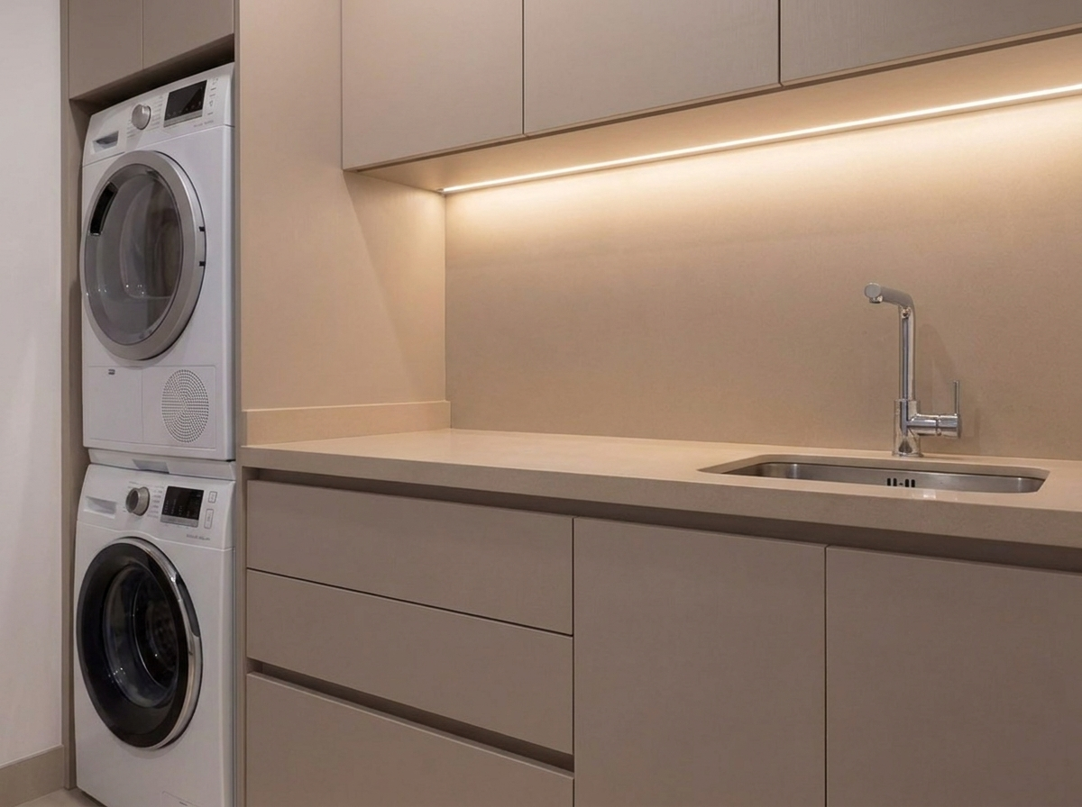 Storage room joinery with integrated sink and under-cabinet lighting