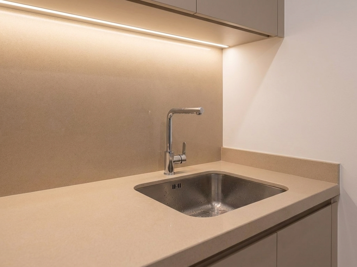 Detail of storage room counter with sink and warm LED strip lighting