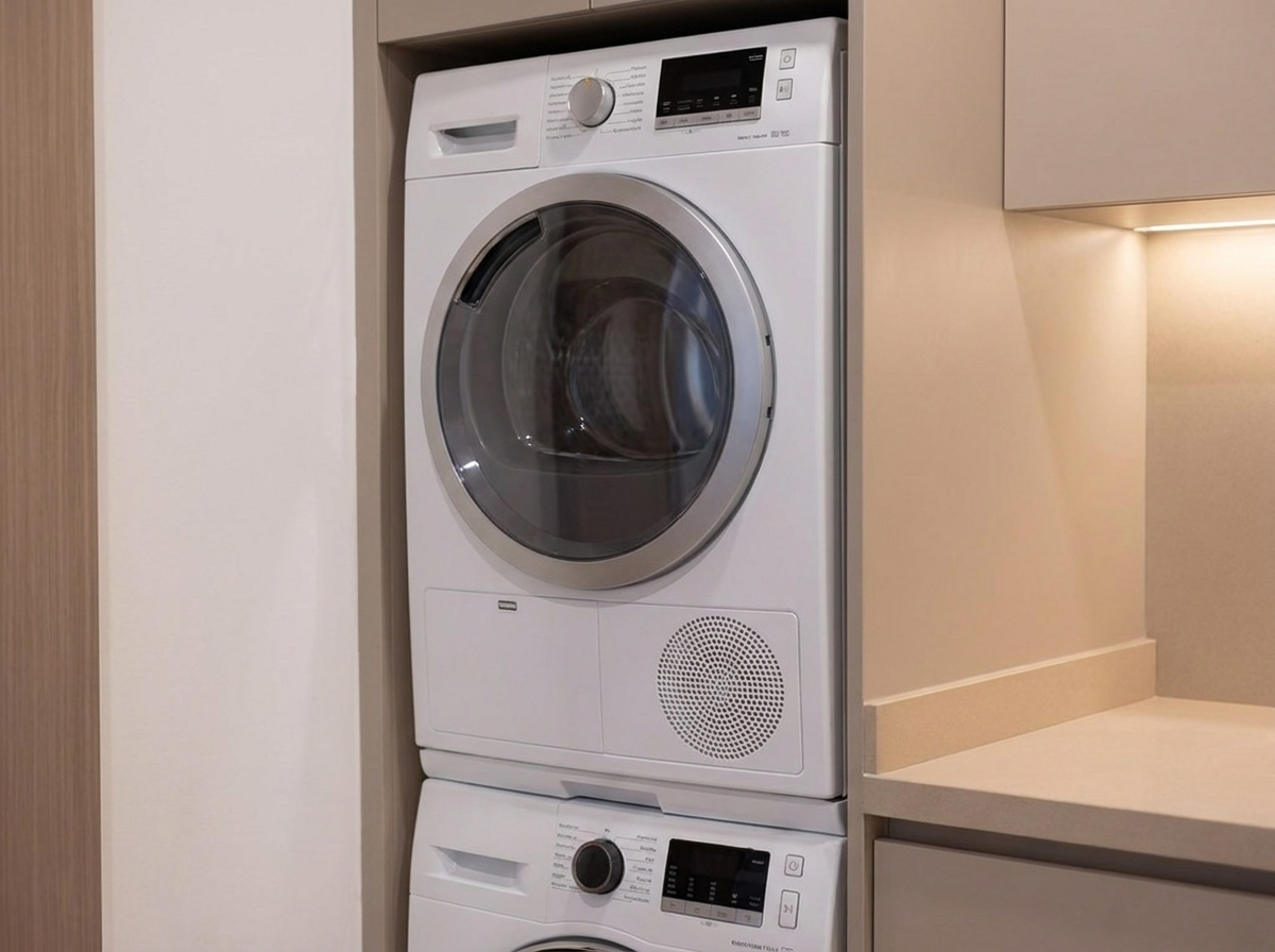 Stacked washer and dryer integrated into bespoke storage joinery