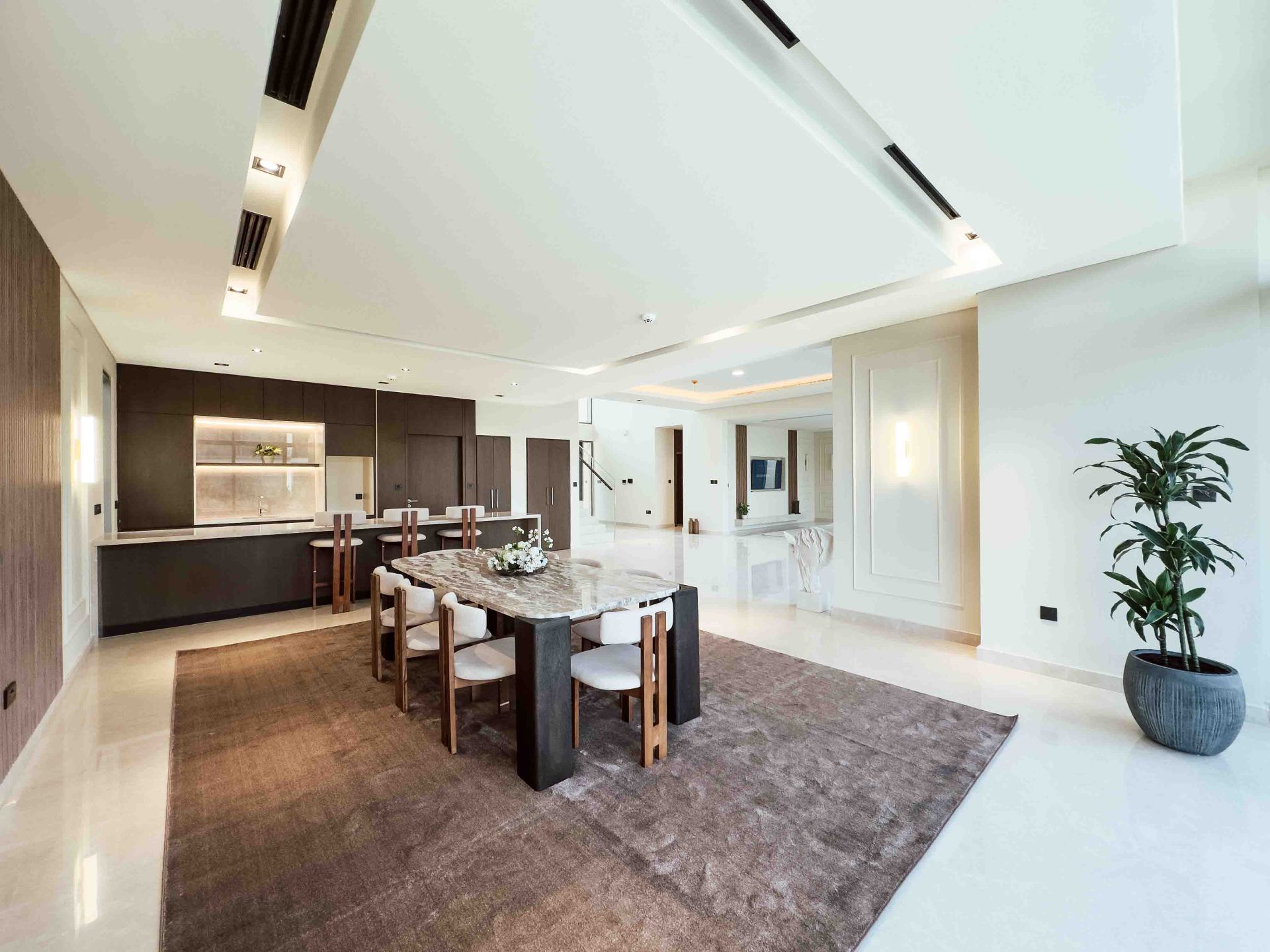 Family dining area with dark joinery kitchen, marble table and feature plant