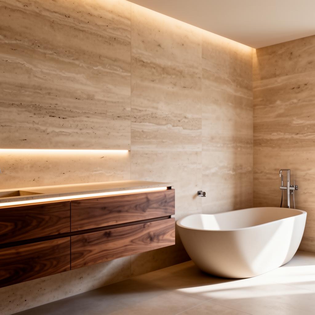 Custom stone and timber feature wall in a Dubai Hills residence